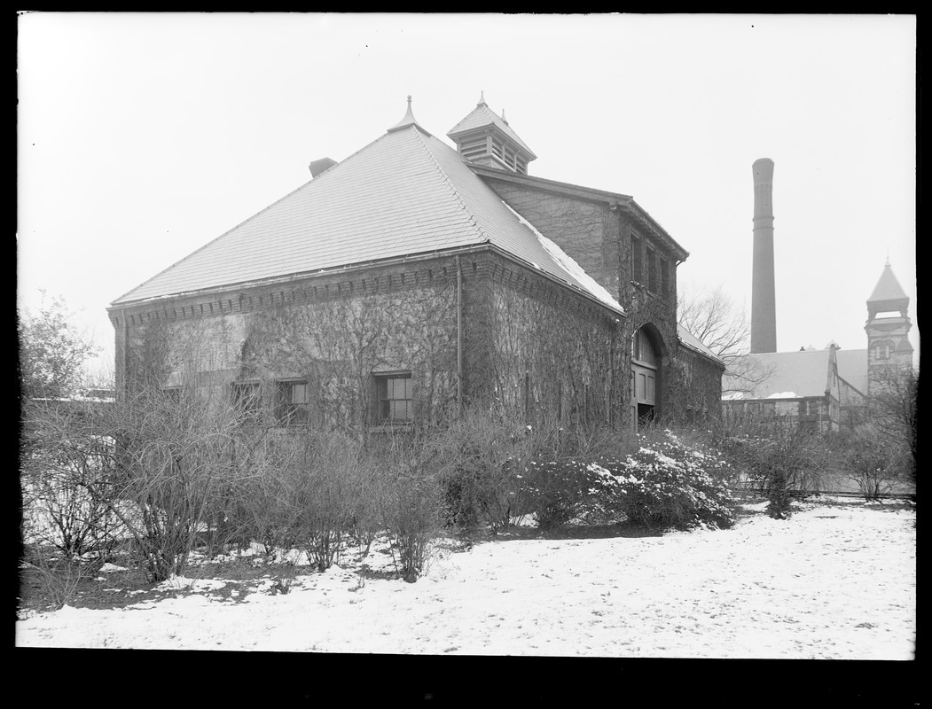 Distribution Department, Chestnut Hill Reservoir, stone stable, side and front view looking towards Chestnut Hill High Service Pumping Station, Brighton, Mass., Nov. 27, 1920