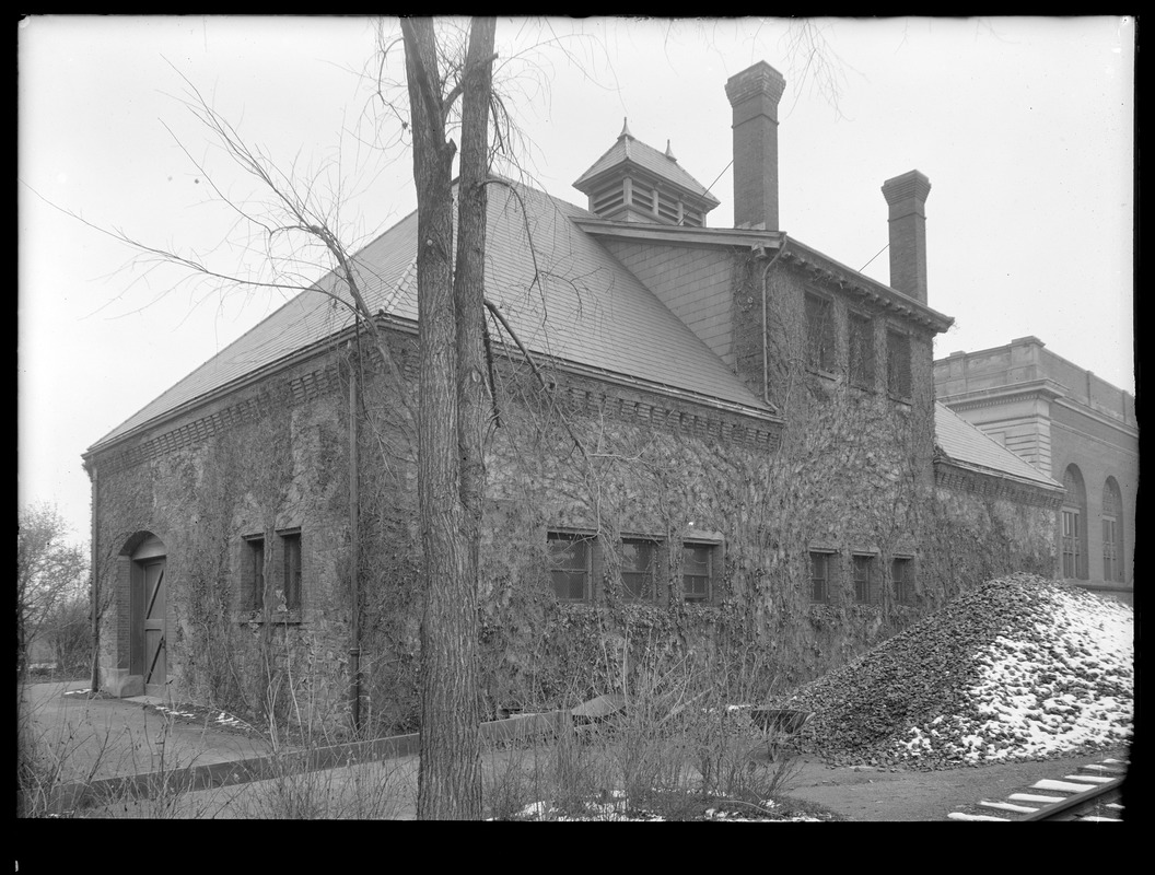 Distribution Department, Chestnut Hill Reservoir, stone stable, side and front view looking towards Chestnut Hill Low Service Pumping Station, Brighton, Mass., Nov. 27, 1920
