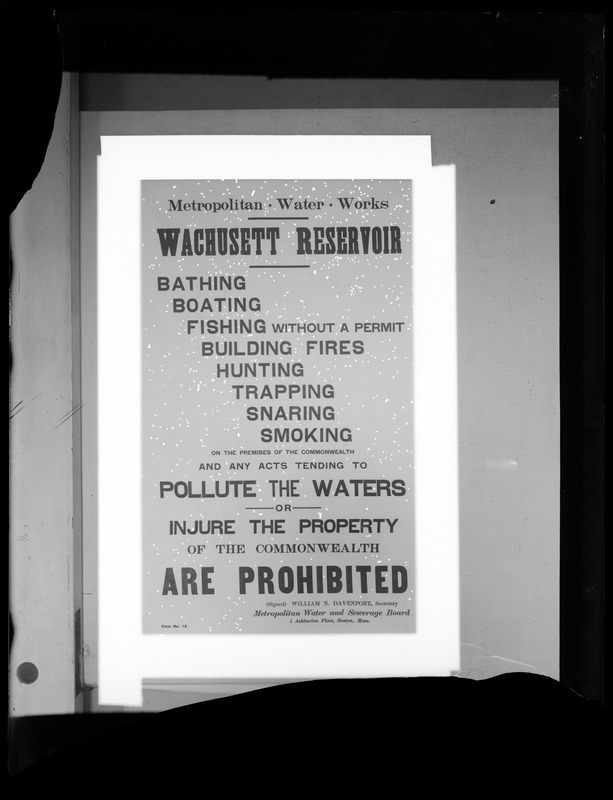 Wachusett Department, Wachusett Reservoir, signage, Clinton, Mass., 1909