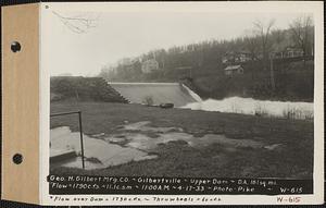 G.H. Gilbert Manufacturing Co., upper dam, drainage area = 161 square miles, flow = 1730 cubic feet per second over dam, 60 cubic feet per second through water wheels, total 1790 cubic feet per second = 11.1 cubic feet per second per square mile, Hardwick, Mass., 11:00 AM, Apr. 17, 1933