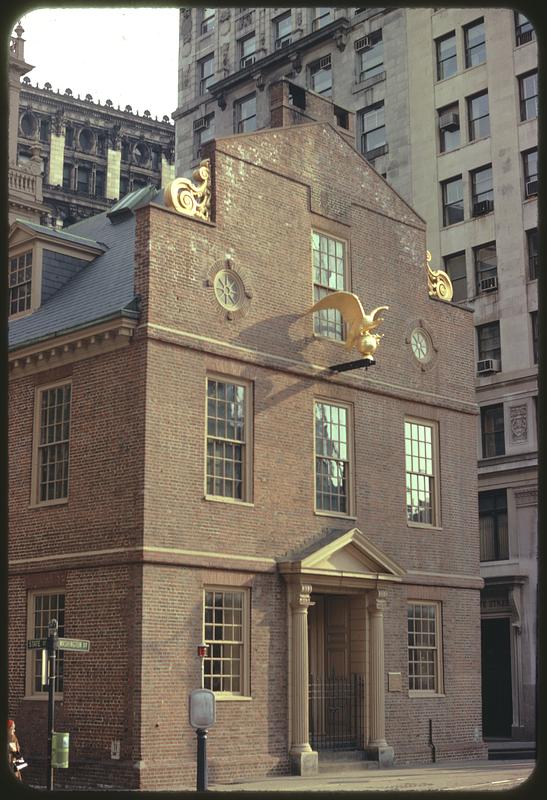 View past construction area of side of Old State House, Boston