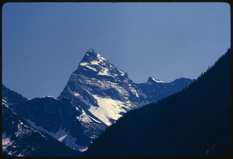 View of steep mountain peak past tree-covered slope, British Columbia