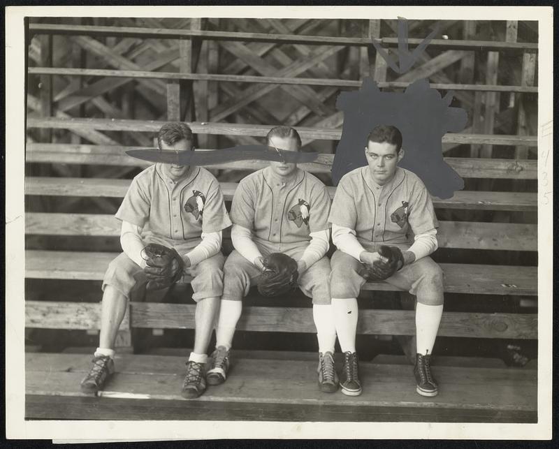 Dartmouth’s leading battery candidates. Ted Olson, Squantum, Mass., Bill Clark, Amesbury, Mass., and Bob Miller, Cedar Grove, N.J. Clark is the veteran catcher, and Big Green football star. Miller is the veteran pitcher, and also a basketball standout at Hanover. Olson, the youngest of the trio, is just breaking into the pitching corps as a sophomore, but is highly ranked by Coach Jeff Tesreau. (Credit to John Thompson).