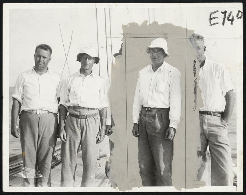 The Afterguard of Boston’s Yankee. Left to right—Morgan Harris, Skipper Charles Francis Adams, Frank C. Paine, Prof. Richard Fay and Chandler Hovey on board the Hub candidate for the defense of the America’s cup. The Yankee led the class J sloops again yesterday in the New York Yacht Club cruise.