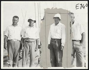 The Afterguard of Boston’s Yankee. Left to right—Morgan Harris, Skipper Charles Francis Adams, Frank C. Paine, Prof. Richard Fay and Chandler Hovey on board the Hub candidate for the defense of the America’s cup. The Yankee led the class J sloops again yesterday in the New York Yacht Club cruise.