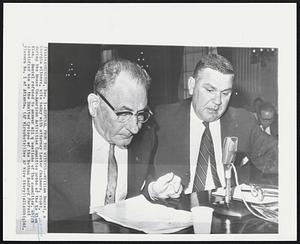 Refusal From the Witness--William Daniel, a Georgia witness, sits today with attorney Lester Chalmers, right, during the House Un-American Activities Committee probe of the Ku Klux Klan. Daniel refused to answer all questions of the committee, which identified him as the Exalted Cyclops of the Nathan Bedford Forrest Klavern No. 1 of Atlanta.