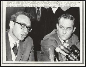 U.S. Attorneys Dick Schultz, (L) and Thomas R. Foran shown at news conference after the Chicago Seven were acquitted of conspiracy, but five found guilty of crossing state lines to incite riot, 2/18. Both said the trial "proved that the jury system works." Foran, said that the trial was "the most difficult thing I've ever been involved in."