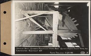 Contract No. 103, Construction of Work Boat for Quabbin Reservoir, Quincy, view of bow, Quincy, Mass., Nov. 25, 1940