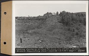 Contract No. 66, Regulating Dams, Middle Branch (New Salem), and East Branch of the Swift River, Hardwick and Petersham (formerly Dana), looking easterly at dam 2 from Sta. 53+85, middle branch regulating dam, Hardwick, Mass., Jun. 7, 1939