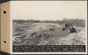 Contract No. 80, High Level Distribution Reservoir, Weston, looking north from Sta. 106+50+/- showing Schenck's Pond outlet structure and refill, high level distribution reservoir, Weston, Mass., May 6, 1940