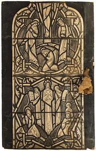 Cartoon of a portion of a window, the top section of someone kneeling below a crucified figure, the bottom section of Jesus being surrounded by five figures