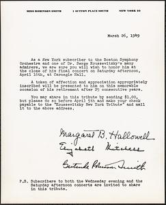 Letter from Margret B. Hallowell, Elizabeth Mitchell and Gertrude Robinson Smith to New York subscribers to Boston Symphony Orchestra, New York, New York, March 26, 1949