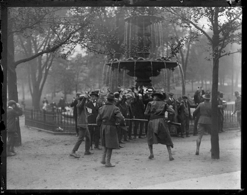 Remarkable riot picture taken on Boston Common during one of the most severe crisis known to Boston in history. Roughnecks and hoodlums tried to run the city when the police struck.