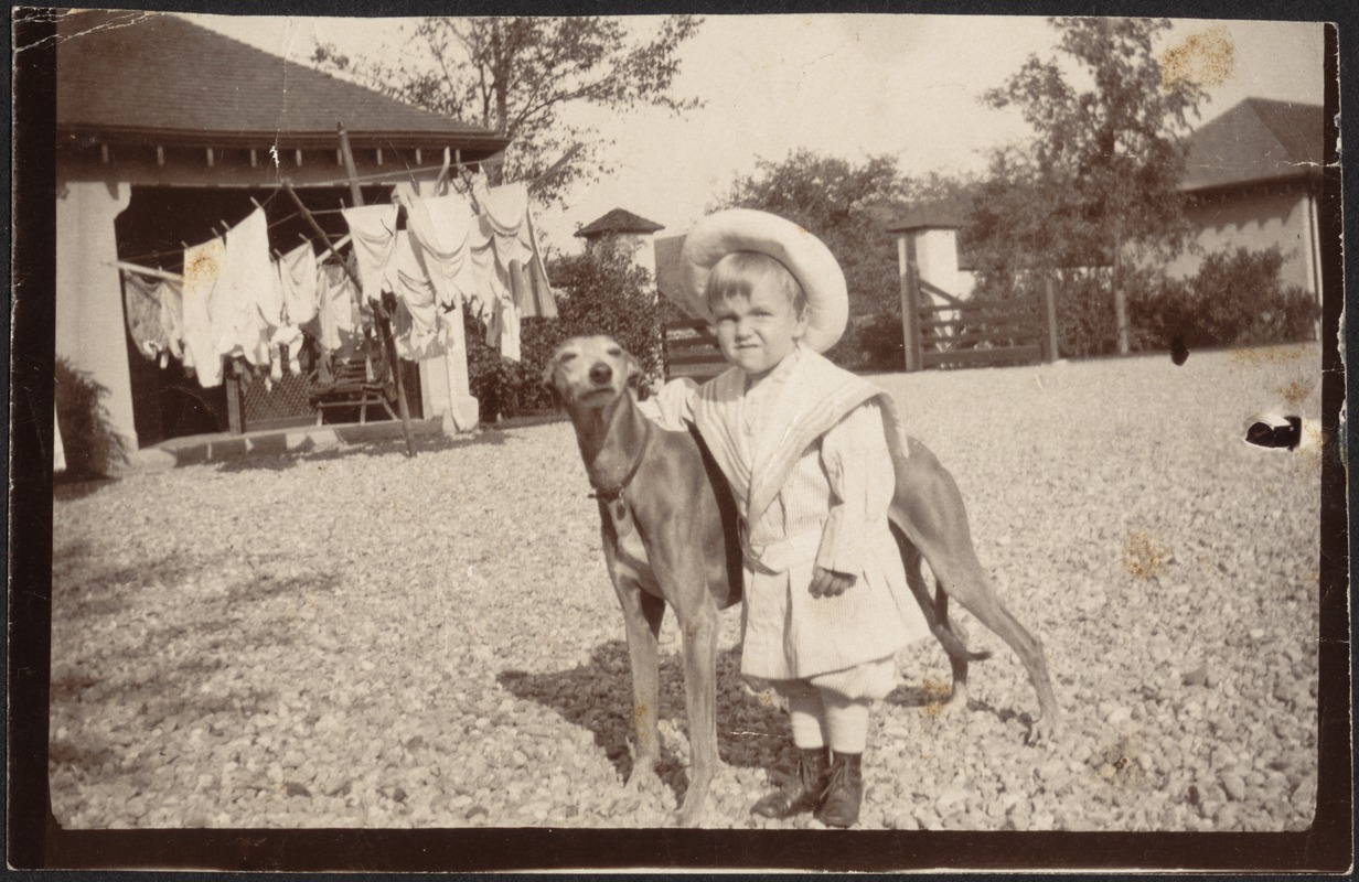 Small boy with greyhound; house with laundry hanging in background
