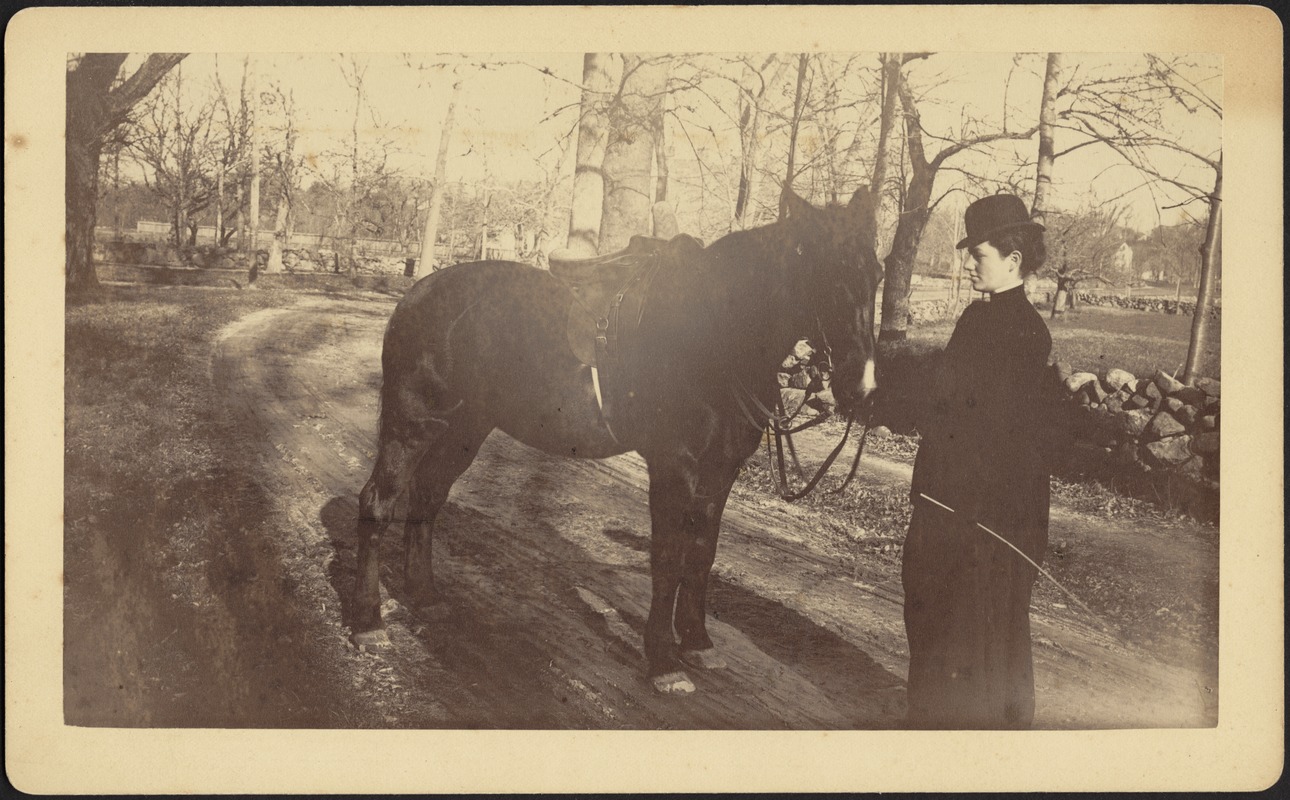 Ashdale Farm. Saddled horse on dirt road; woman, possibly Gertrude S. Kunhardt, in riding clothes