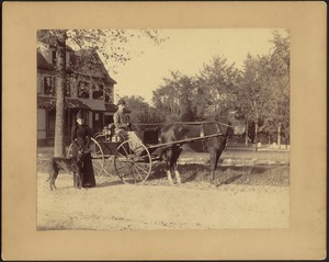 Woman, possibly Gertrude S. Kunhardt on left with "Etzel" the Great Dane; man in horse and buggy; house in rear