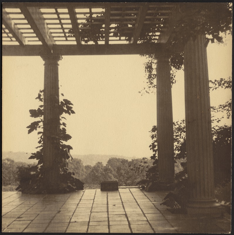 View of trees and hills from elevated veranda with Doric columns and arbor with vines, tile floor