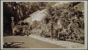 Ashdale Farm. View of Rose Garden and greenhouse; garden furniture