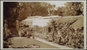 Ashdale Farm. View of Rose Garden and greenhouse; garden furniture; stairs