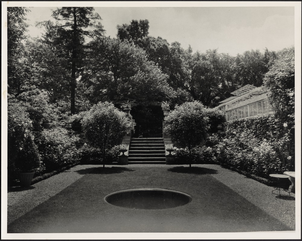 Ashdale Farm. View of Rose Garden looking towards stairs, greenhouse on right
