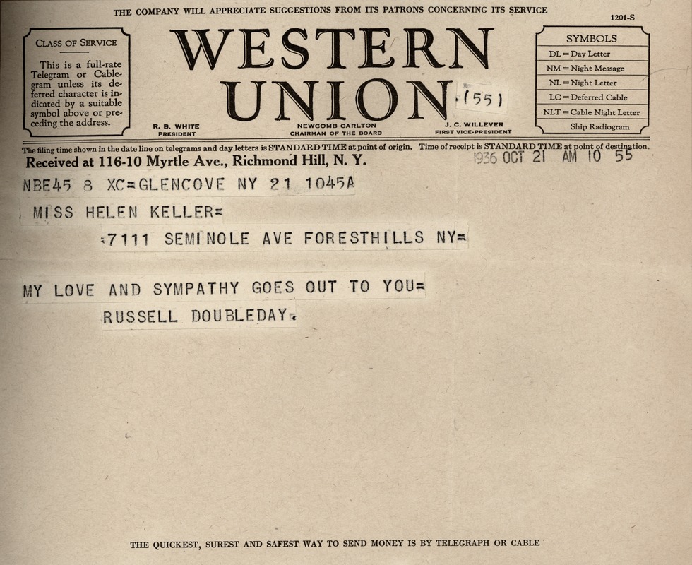Telegram to Helen Keller from Russell Doubleday
