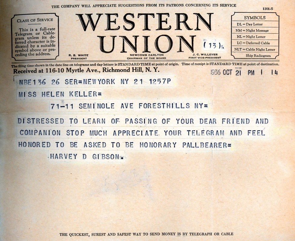 Telegram from Harvey D. Gibson