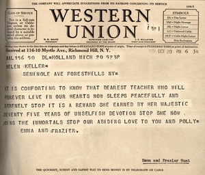 Telegram from Emma and Frazier Hunt