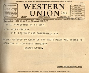 Telegram From Thomas Paine Memorial Association