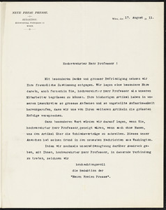 Neue Freie Presse typed letter signed to Hugo Münsterberg, Vienna, 17 August 1911