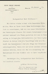 Neue Freie Presse typed letter signed to Hugo Münsterberg, Vienna, 29 January 1913