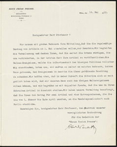 Neue Freie Presse typed letter signed to Hugo Münsterberg, Vienna, 16 May 1913