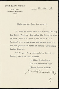 Neue Freie Presse typed letter signed to Hugo Münsterberg, Vienna, 18 June 1913