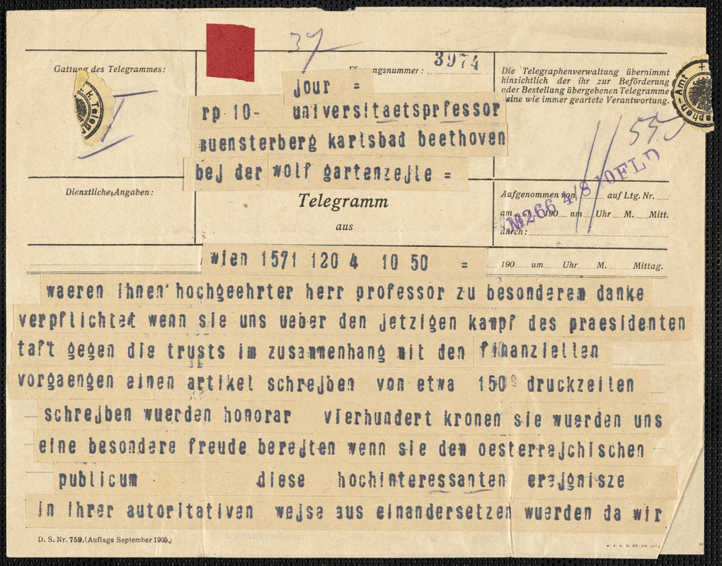 Neue Freie Presse telegram to Hugo Münsterberg, Wien