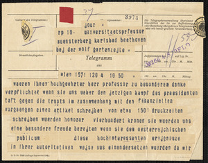 Neue Freie Presse telegram to Hugo Münsterberg, Wien