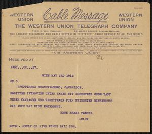 Neue Freie Presse telegram to Hugo Münsterberg, Wien, 03 May 1912