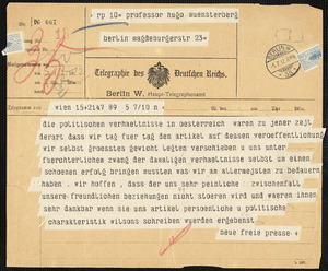 Neue Freie Presse telegram to Hugo Münsterberg, Wien, 05 July 1012