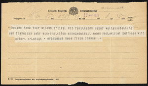 Neue Freie Presse telegram to Hugo Münsterberg, Wien, 12 July 1912