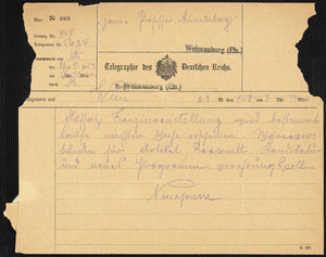 Neue Freie Presse telegram to Hugo Münsterberg, Wien, [08 August 1912?]