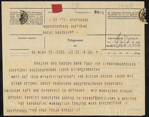Neue Freie Presse telegram to Hugo Münsterberg, Wien, [22 August 1912?]