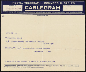 Neue Freie Presse telegram to Hugo Münsterberg, Wien, 12 February 1913