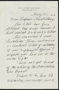 Newcomb, Simon, 1835-1909 autograph letter signed to Hugo Münsterberg, Washington, 2 May 1903