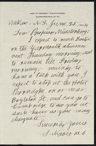 Newcomb, Simon, 1835-1909 autograph letter signed to Hugo Münsterberg, Wallace, N.S., 20 June 1904