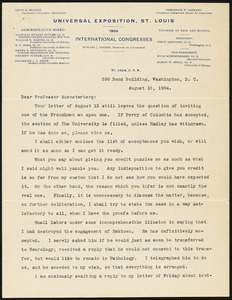 Newcomb, Simon, 1835-1909 typed letter signed to Hugo Münsterberg, Washington, 15 August 1904
