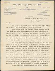 Newcomb, Simon, 1835-1909 typed letter signed to Hugo Münsterberg, Washington, 16 August 1904