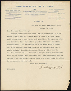 Newcomb, Simon, 1835-1909 typed letter signed to Hugo Münsterberg, Washington, 17 August 1904