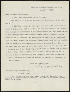 Newcomb, Simon, 1835-1909 typed letter signed to Hugo Münsterberg, Washington, 23 August 1904
