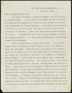 Newcomb, Simon, 1835-1909 typed letter signed to Hugo Münsterberg, Washington, 24 August 1904