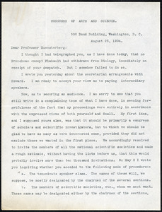 Newcomb, Simon, 1835-1909 typed letter signed to Hugo Münsterberg, Washington, 25 August 1904