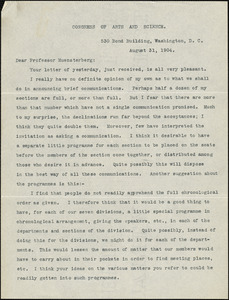 Newcomb, Simon, 1835-1909 typed letter signed to Hugo Münsterberg, Washington, 31 August 1904