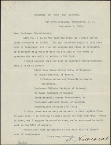 Newcomb, Simon, 1835-1909 typed letter signed to Hugo Münsterberg, Washington, 8 September 1904